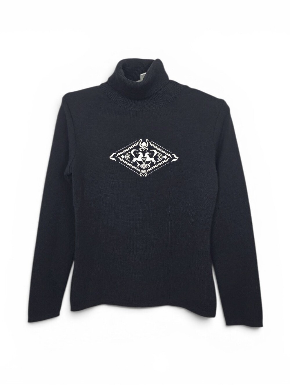 Vintage Bogner Virgin Wool Embroidered Ski Sweater Turtleneck Black Cream Small